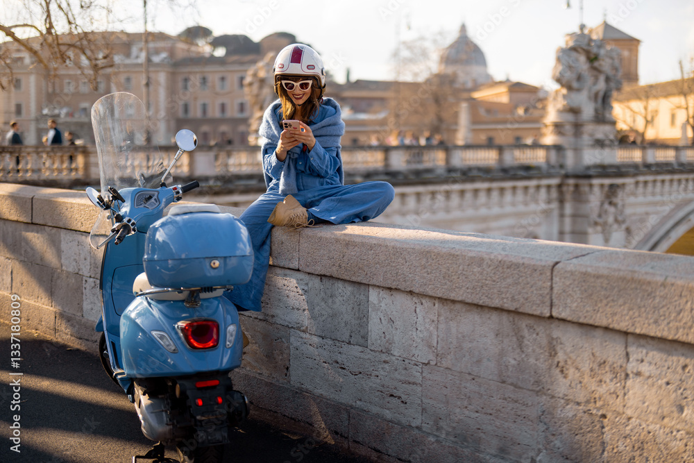 A fashionable woman enjoys a scenic view of Rome while relaxing on a blue scooter. With the citys historic architecture in the background, Italian lifestyle and adventure