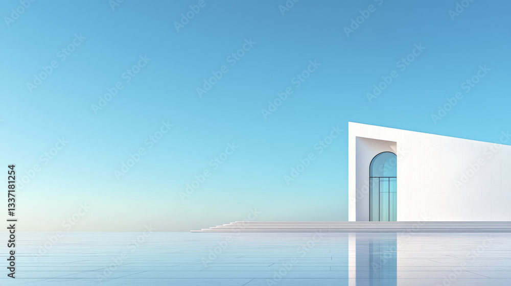 minimalist architectural design featuring white building against clear blue sky, creating serene atmosphere minimalist architectural design featuring white building against clear blue sky, creating serene atmosphere