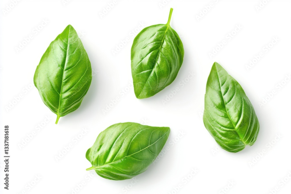 A close-up of fresh green basil leaves isolated on a white background for a clean and vibrant look A close-up of fresh green basil leaves isolated on a white background for a clean and vibrant look