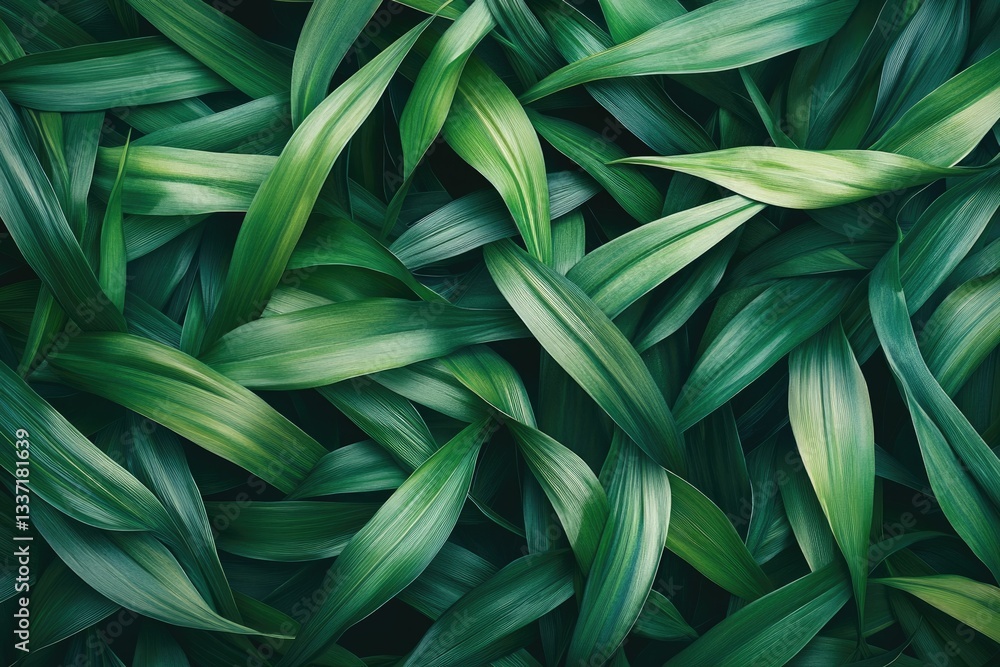 Fototapeta premium Intricate arrangement of lush, dark green leaves, creating a dense, textured natural background.