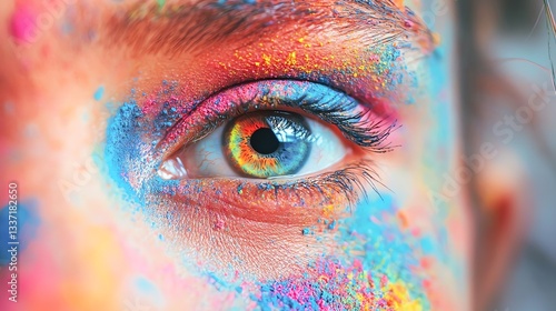 A close-up of a vibrant eye decorated with colorful powder paint.