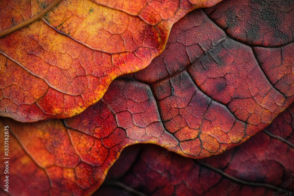Fototapeta premium Intricate veins of autumn leaves, vibrant red and orange hues, showcasing nature's beauty.