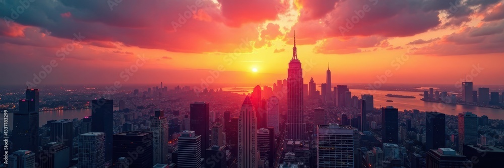 Fototapeta premium Majestic city skyline at sunset, skyscrapers dominate horizon, city, city at night