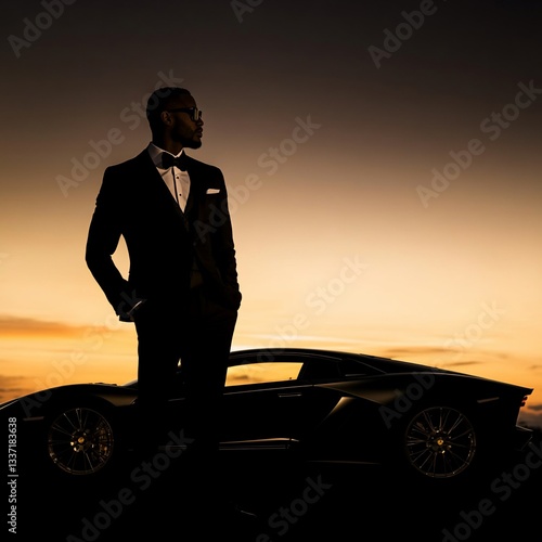 Silhouetted man in tuxedo beside a sports car at sunset