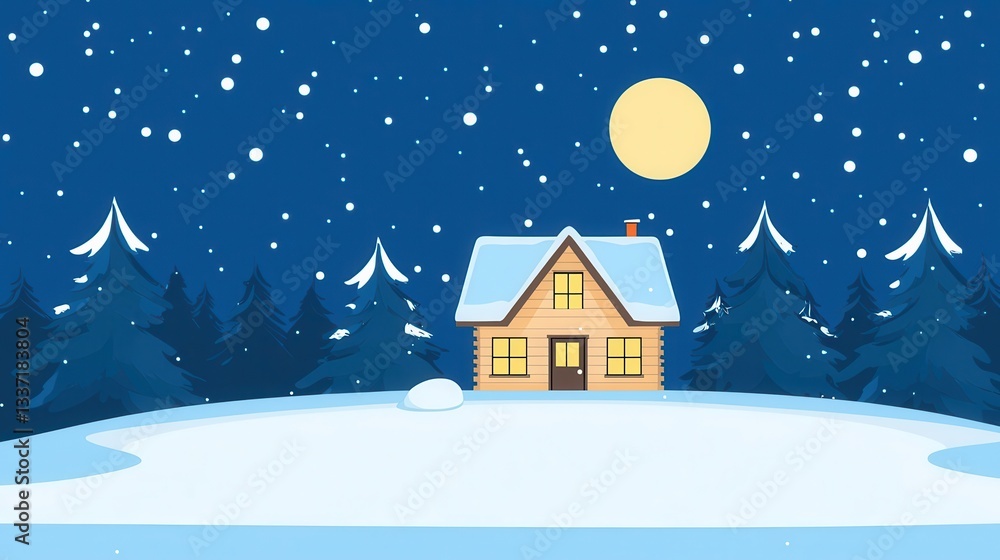 Fototapeta premium Winter Night Scene Cabin in Snowy Forest Under Full Moon