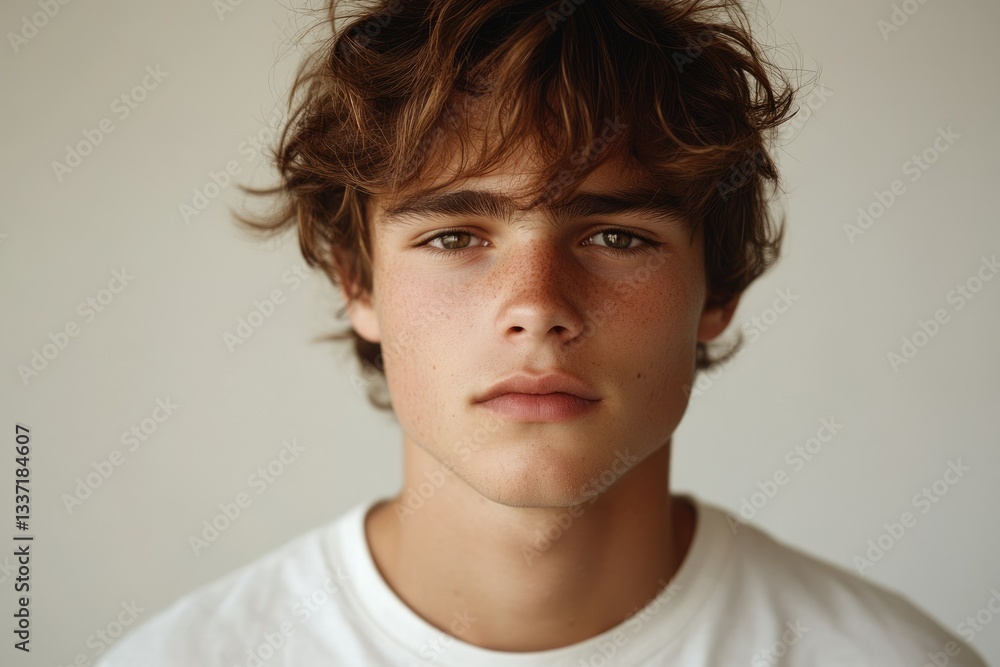 A young man with light brown, slightly wavy hair and freckles stares directly at the camera with a serious expression. A young man with light brown, slightly wavy hair and freckles stares directly at the camera with a serious expression.
