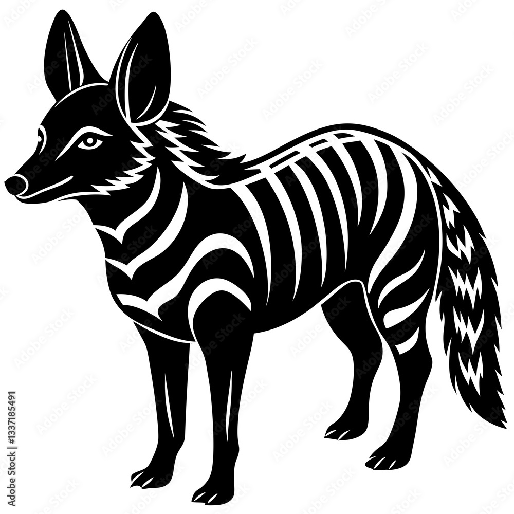 Obraz premium Striped Wolf Graphic: Striking black and white graphic of a striped wolf with upright ears and detailed stripes, ideal for designs related to wildlife and graphic elements.