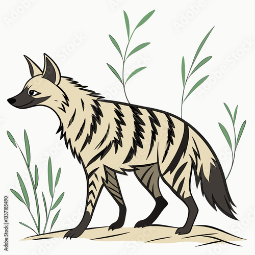 Striped Hyena Illustration: A striking cartoon illustration of a striped hyena, showcasing its distinctive markings and sleek form amidst a simple backdrop of stylized grass.