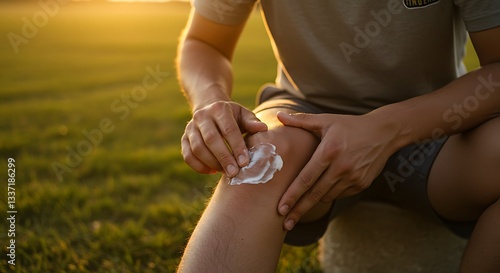 Applying Cream to Knee Outdoors for Injury Recovery or Skincare