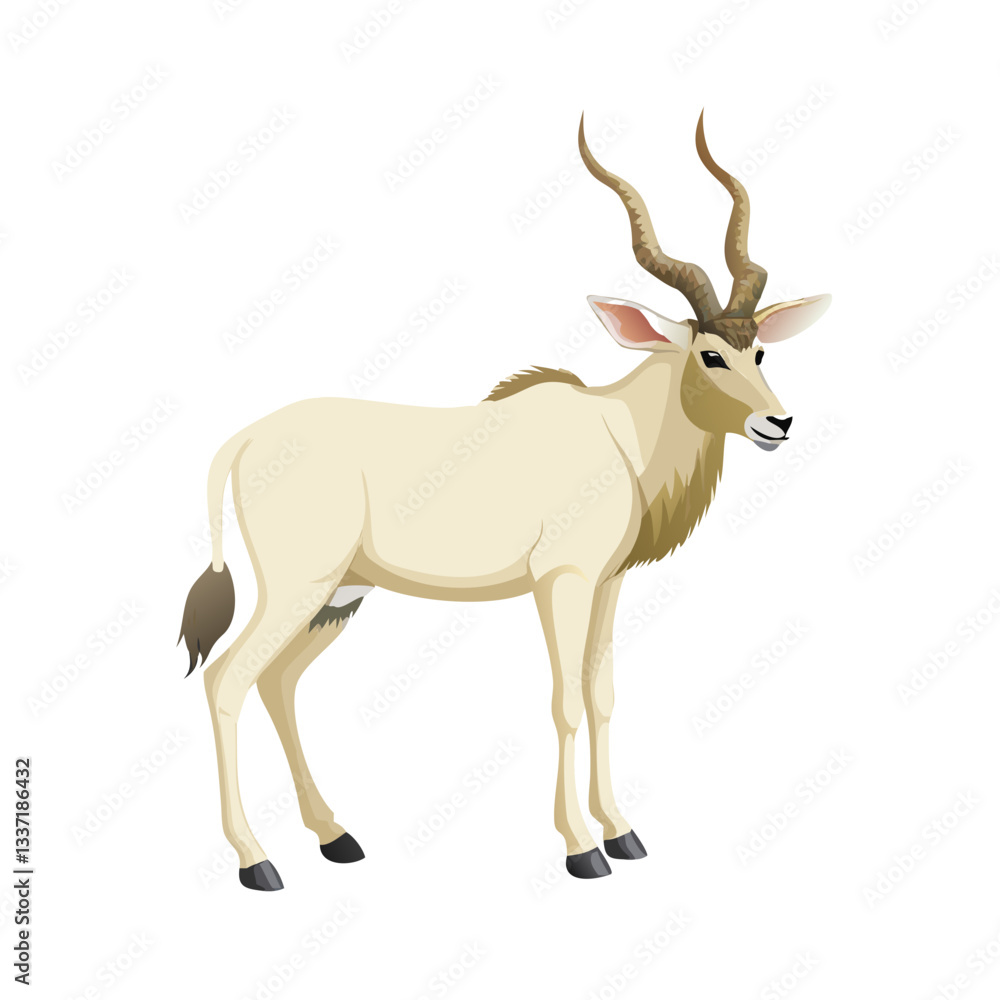Majestic Antelope Portrait: A detailed illustration of an addax antelope, showcasing its elegant form and unique spiral horns, set against a clean, isolated backdrop. Majestic Antelope Portrait: A detailed illustration of an addax antelope, showcasing its elegant form and unique spiral horns, set against a clean, isolated backdrop.