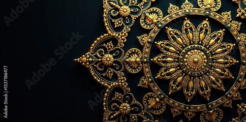 Intricate gold mandala, arabesque details on black , art, intricate