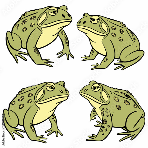 Frog Quartet: An illustrated quartet of green frogs, each with a unique stance and expression, is isolated on a light backdrop, capturing the essence of amphibian charm.