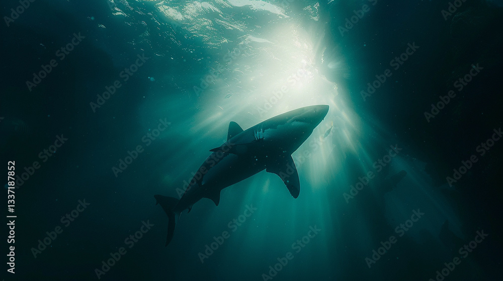 Obraz premium Great white shark (Carcharodon carcharias) swimming near a coastal reef, powerful marine predator patrolling its hunting grounds.