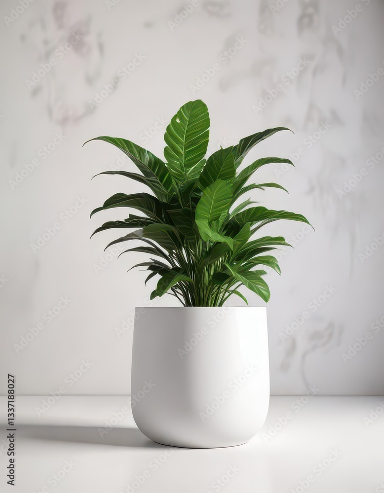 Lush green plant in simple white pot, vibrant foliage , photography, background Lush green plant in simple white pot, vibrant foliage , photography, background