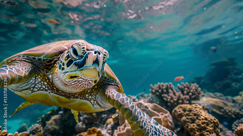 Obraz premium Green sea turtle (Chelonia mydas) gliding gracefully across a deep blue sea, elegant marine creature in its natural habitat.