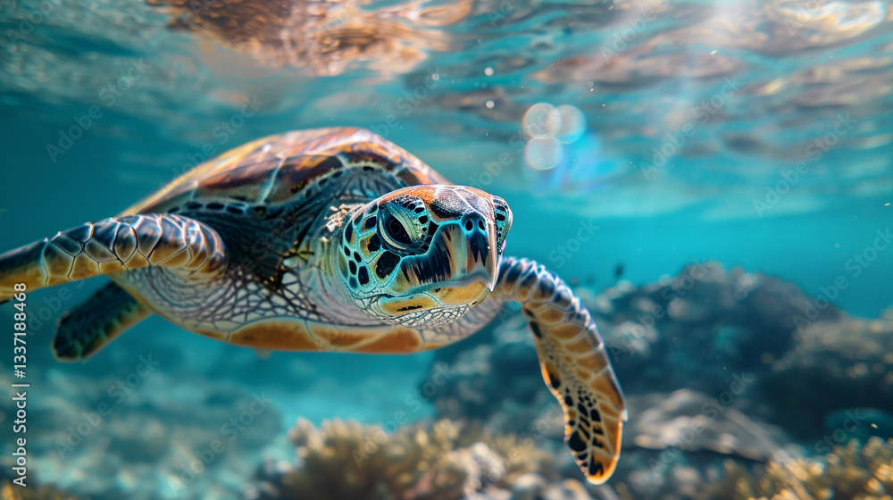 Obraz premium Green sea turtle (Chelonia mydas) swimming through crystal-clear waters, serene aquatic scene, endangered ocean species thriving.