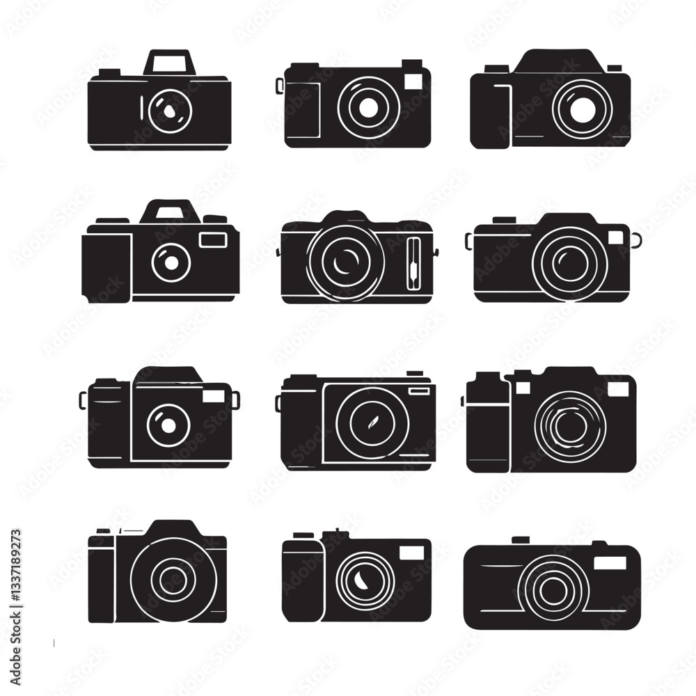 A vector illustration of a grid layout with ten camera icons arranged in two rows. A vector illustration of a grid layout with ten camera icons arranged in two rows.