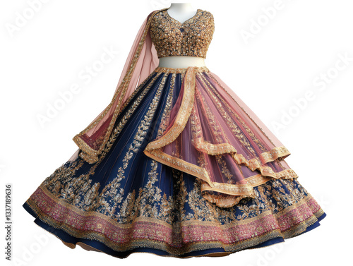 Ornate lehenga choli with dupatta on a mannequin against a isolated on a transparent background photo