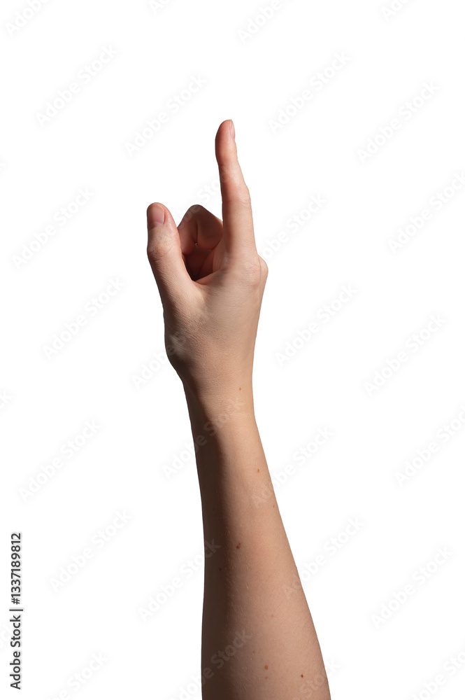 Female hand pointing with index finger extended, gesture symbolizing direction, selection, or pressing. Natural wrist position and smooth movement. Isolated on white background.. Female hand pointing with index finger extended, gesture symbolizing direction, selection, or pressing. Natural wrist position and smooth movement. Isolated on white background..