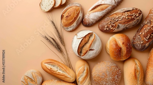 Artfully arranged sliced bread, baguette, and french buns with wheat ears on neutral backdrop