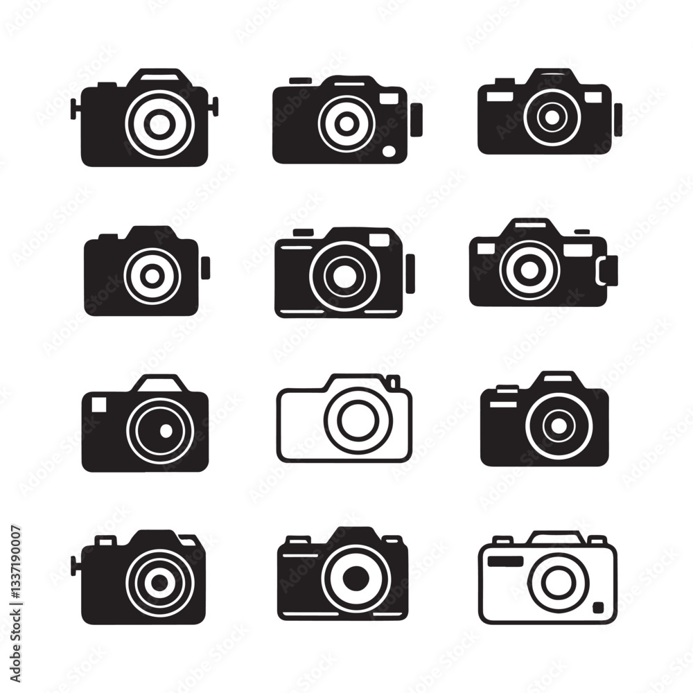 A vector illustration of a grid layout with ten camera icons arranged in two rows. A vector illustration of a grid layout with ten camera icons arranged in two rows.