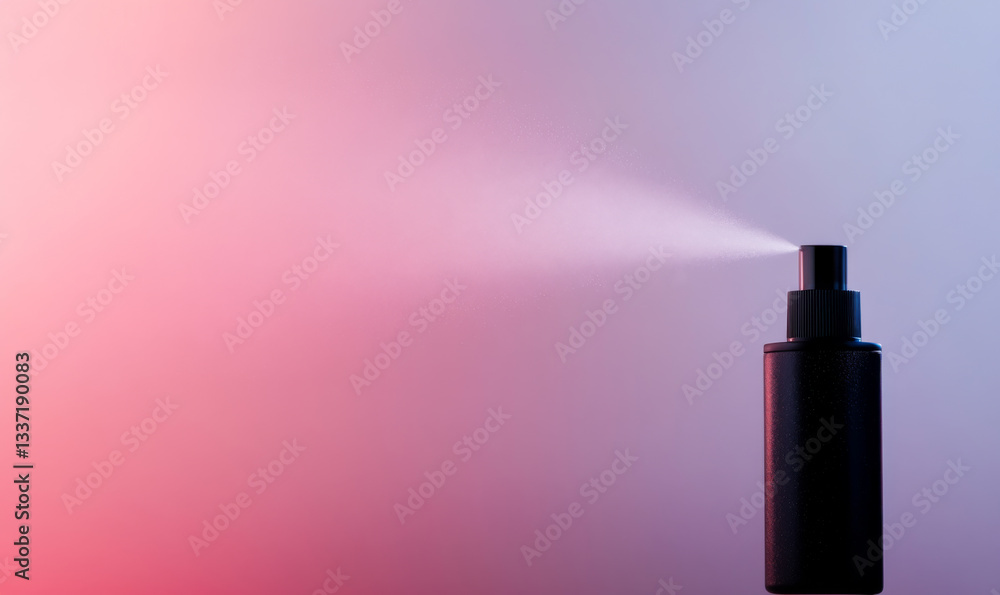 Pink spray bottle releasing fine mist on monochromatic background, subtle grain, soft focus edges, background with empty space for text Pink spray bottle releasing fine mist on monochromatic background, subtle grain, soft focus edges, background with empty space for text