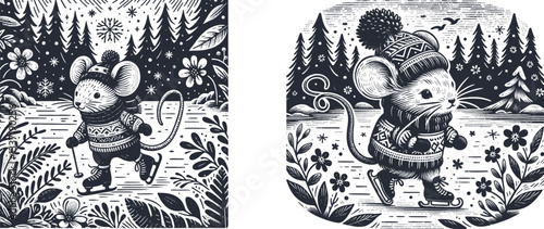 Charming Winter Scene: Adorable Mice in Cozy Attire Ice Skating Amidst a Snowy Forest with Delicate Wildflowers cute mouse, winter clothing, ice skating, snowy forest, wild flowers, winter ice skate