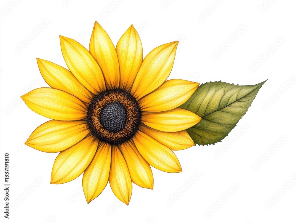 Vibrant sunflower illustration with detailed petals and green leaf Vibrant sunflower illustration with detailed petals and green leaf