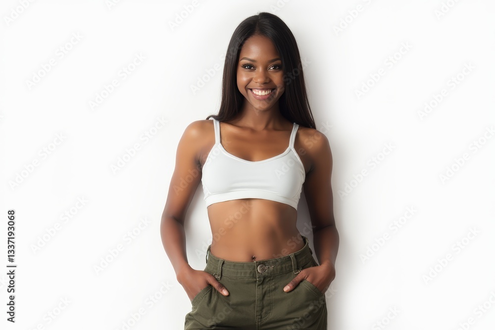Half-Length (Waist-Up) portrait of young stylish smiling Ethiopian female model in sexy wear isolated on pure white background looking at camera Half-Length (Waist-Up) portrait of young stylish smiling Ethiopian female model in sexy wear isolated on pure white background looking at camera