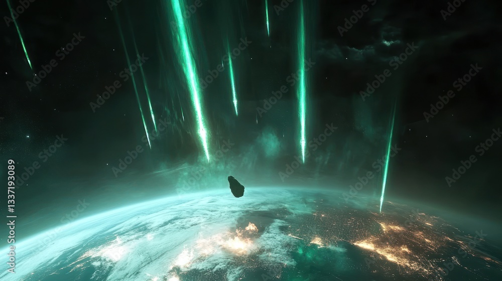 Obraz premium Cosmic Event: Green Meteor Showers Bombarding Earth from Space Perspective