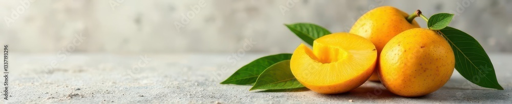 Golden mangoes in yogurt, textured cement backdrop , creamy, yogurt Golden mangoes in yogurt, textured cement backdrop , creamy, yogurt