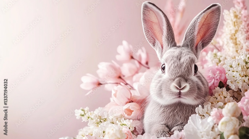 Obraz premium Cute bunny surrounded by bright spring flowers on a soft pastel background. Easter greeting card
