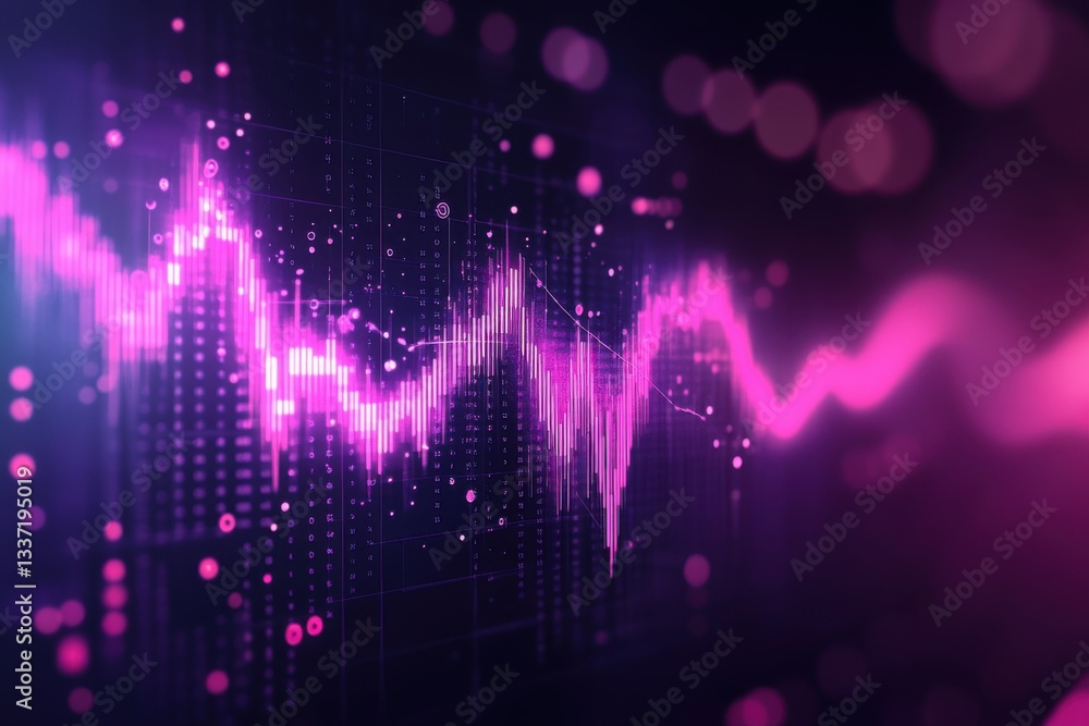 Bright pink data graph with blurred purple bokeh in dark space shows fluctuating chart for technology or science visualisation Bright pink data graph with blurred purple bokeh in dark space shows fluctuating chart for technology or science visualisation