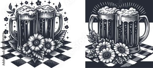 Set of Two Dark Beer Mugs with Foam on a Checkered Tablecloth, Adorned with Beer Flowers – Vintage Engraving Design beer mugs, foam, checkered tablecloth, beer flowers, beer mug, glasses, foam drink