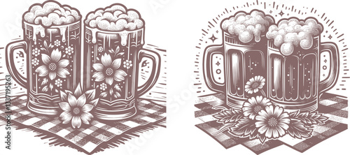 old color Set of Two Dark Beer Mugs with Foam on a Checkered Tablecloth, Adorned with Beer Flowers – Vintage Engraving Design