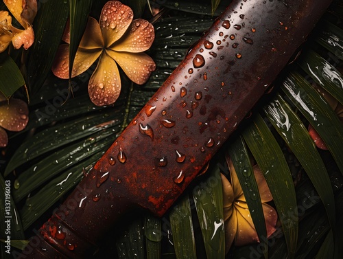 Rusty machete resting on wet tropical leaves. Generative ai illustrations