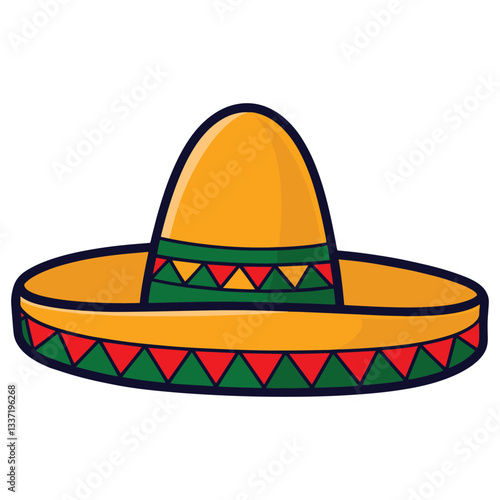 Vector illustration of a Mexican sombrero hat on a white background. Features a traditional wide brimmed design with colorful patterns, typically associated with Mexican culture and celebrations.
