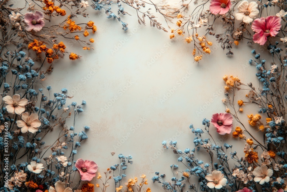 Pastel Wildflower Frame On Blue