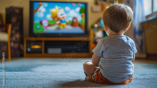 Back view of a young boy sitting on a carpet, watching colorful
