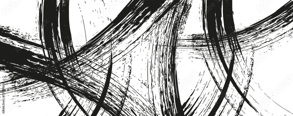 Fototapeta premium Black watercolor brush strokes, creating an abstract texture with vibrant ink splatters and paintbrush stains.