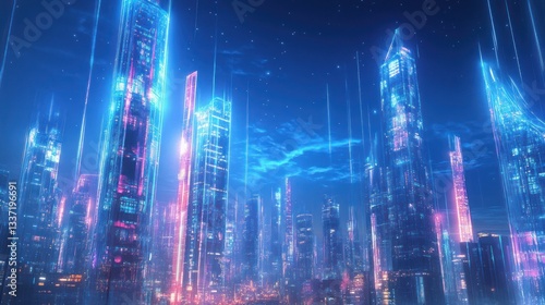 Wallpaper Mural Futuristic city skyline at twilight, vibrant neon lights, digital art Torontodigital.ca