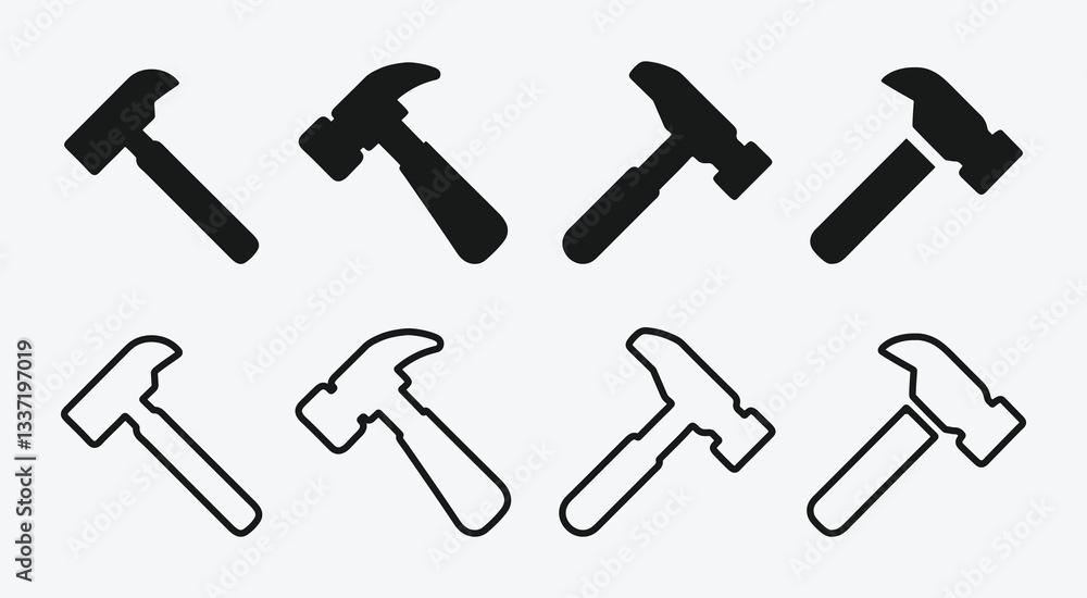 Hammer Icons Set – Solid Black and Outline Design. Hammer Icon Collection. Construction Tool Icons. Hammer Icons Set – Solid Black and Outline Design. Hammer Icon Collection. Construction Tool Icons.