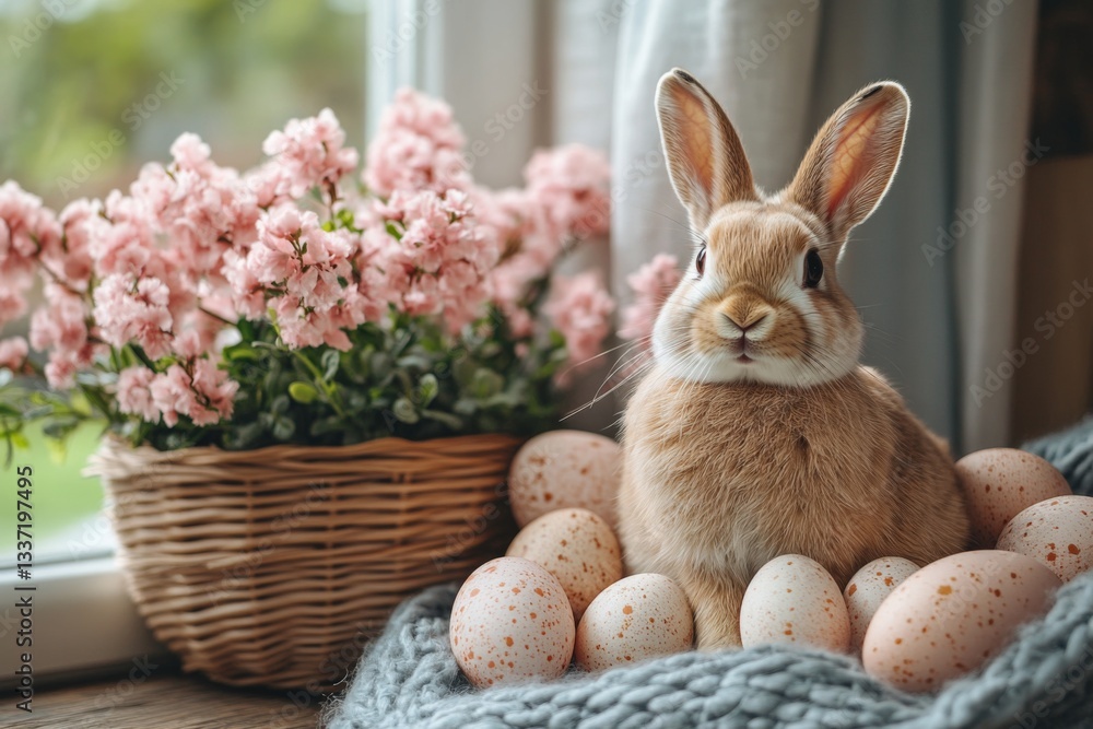 Adorable Bunny With Easter Eggs And Flowers