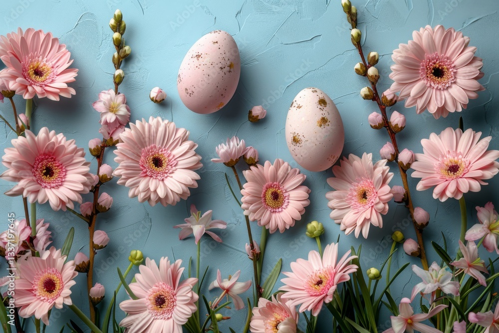 Pink Gerbera Flowers And Easter Eggs On Textured Blue