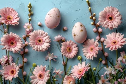 Obraz na płótnie Pink Gerbera Flowers And Easter Eggs On Textured Blue w salonie