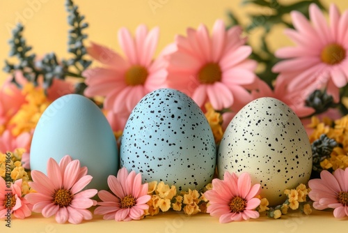 Obraz na płótnie Speckled Easter Eggs With Spring Flowers w salonie