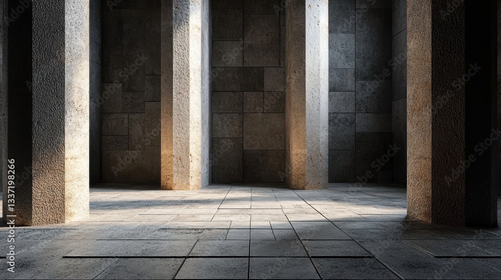 Obraz premium A spacious, illuminated stone interior with tall pillars and textured walls, perfect for architectural projects, backgrounds, or mystical scene settings in various creative contexts,