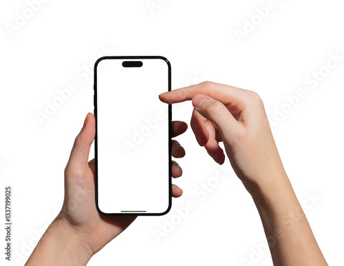 Fototapeta Hand holding a smartphone with a blank screen, scrolling and surfing online