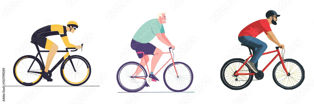 Obraz premium Three individuals biking in a group illustration; white background isolated on white or transparent