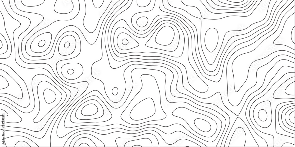 Fototapeta premium Abstract topographic contour line pattern. Minimalist black and white elevation map design. Geographic terrain background. Modern wavy curves texture. Seamless topography illustration for maps